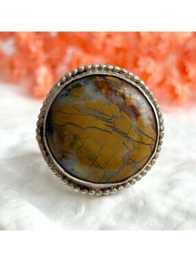 Brecciated Mookaite Jasper Beaded Frame Sterling Silver 925 Vintage Ring - sz 11